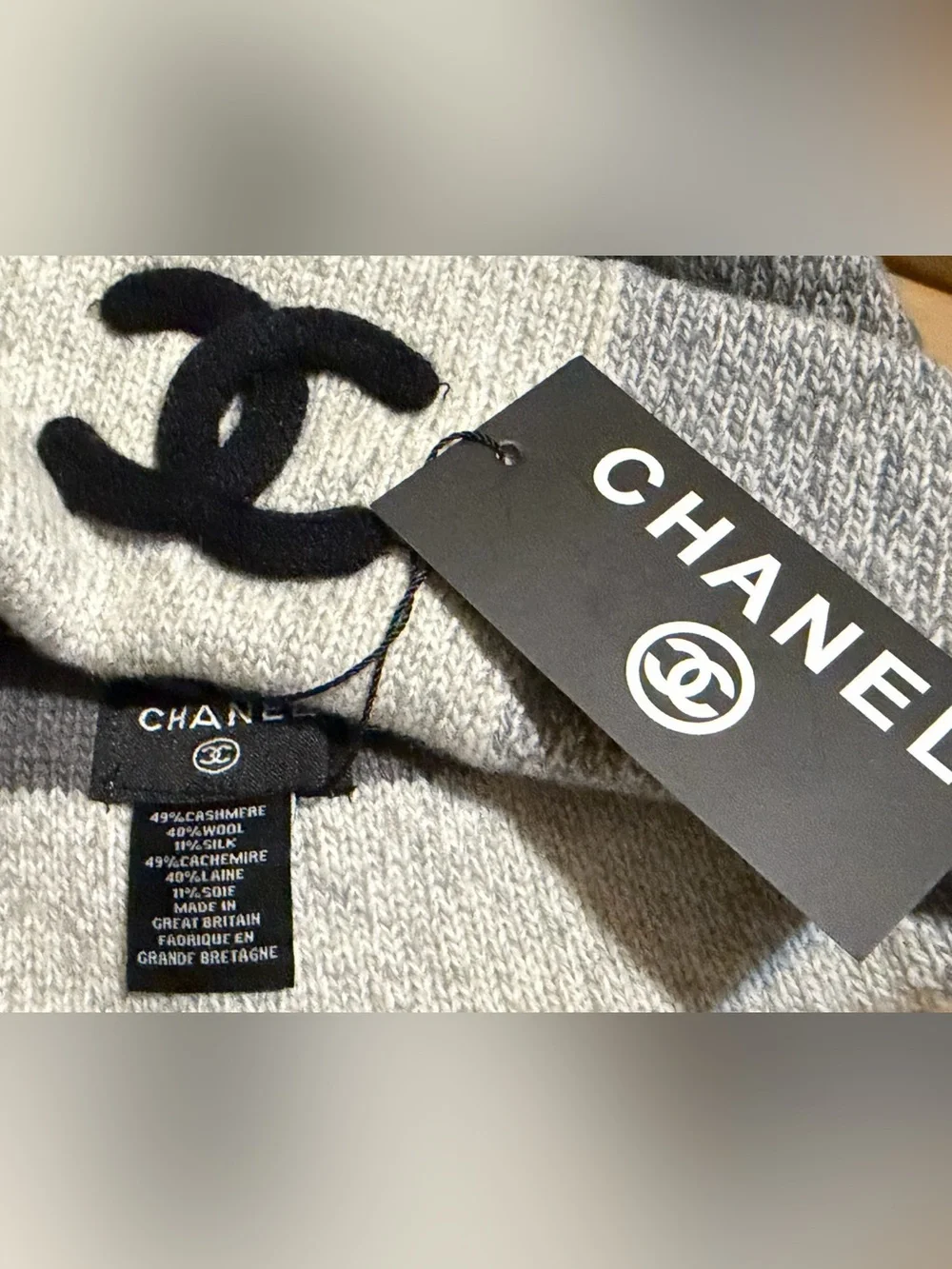 NWT Chanel Casmere and Wool Beenie in shades of greys- signature blac CC label